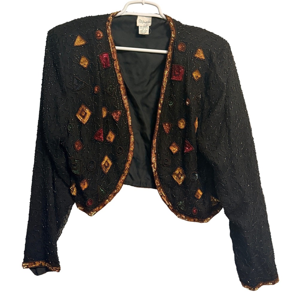 Styleworks Vintage Silk Beaded Bolero Jacket Black Geometric Evening Size 18